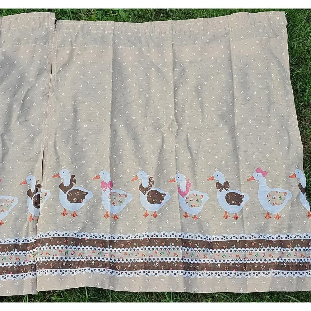 Geese 3 Pc Kitchen Curtain Set Valance Panels Cottagecore Country Bow Vintage